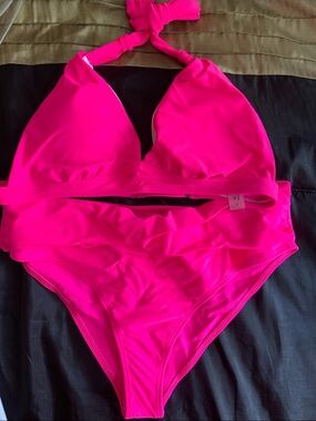 Hot Pink Halter One-Piece Swim with V-Neck